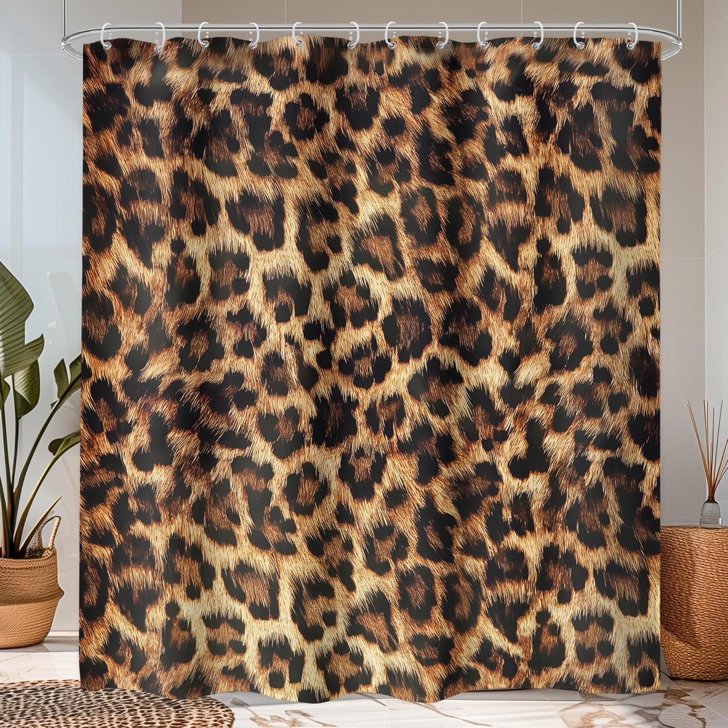 LIGHTINHOME Extra Long Leopard Print Shower Curtain 72Wx84H Inches Wild Safari Powerful Cheetah Cat Panthera Black Brown Wildlife Cloth Fabric Waterproof Polyester Bathroom Home Decor Set with Hooks